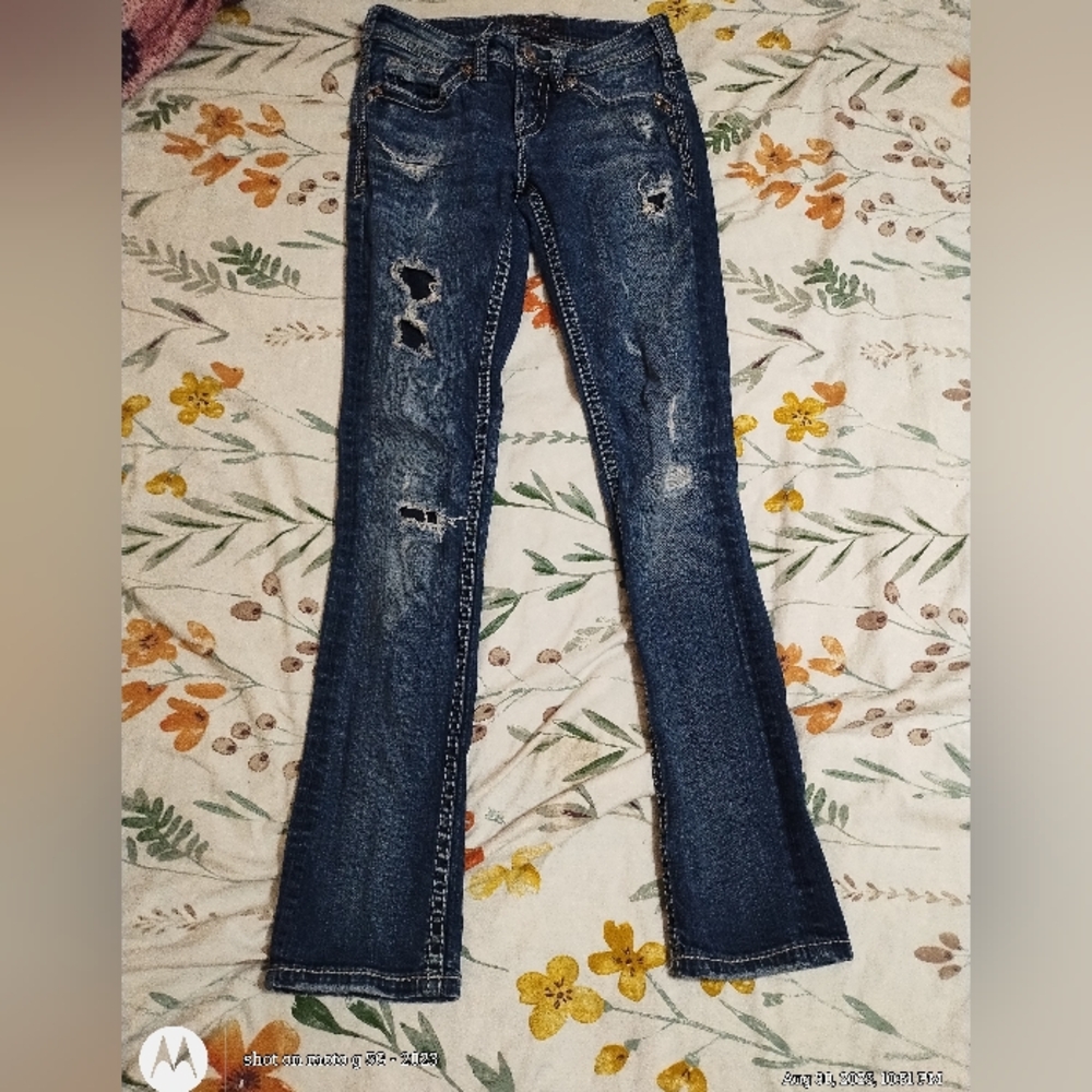Silver Jeans Dark Blue Distressed Flare Jeans